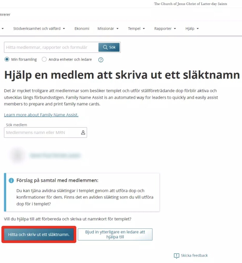 Skärmdump av verktyget Släktnamnshjälpen i Resurser för ledare och kamrerer.