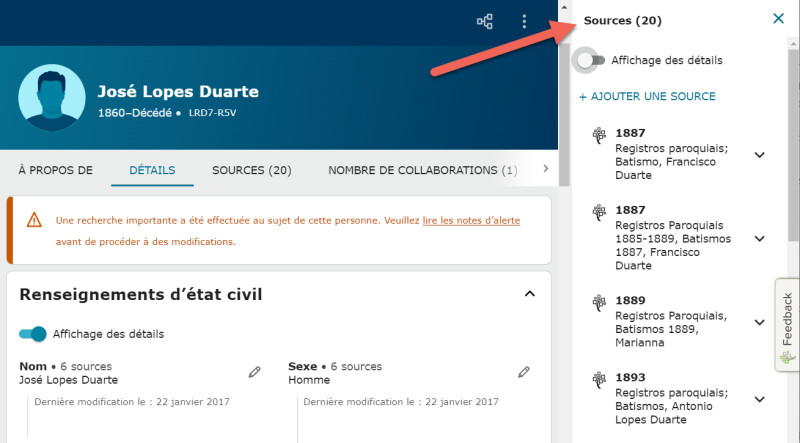 Copie d’écran montrant la barre latérale des sources de l’onglet Détails sur FamilySearch.org.