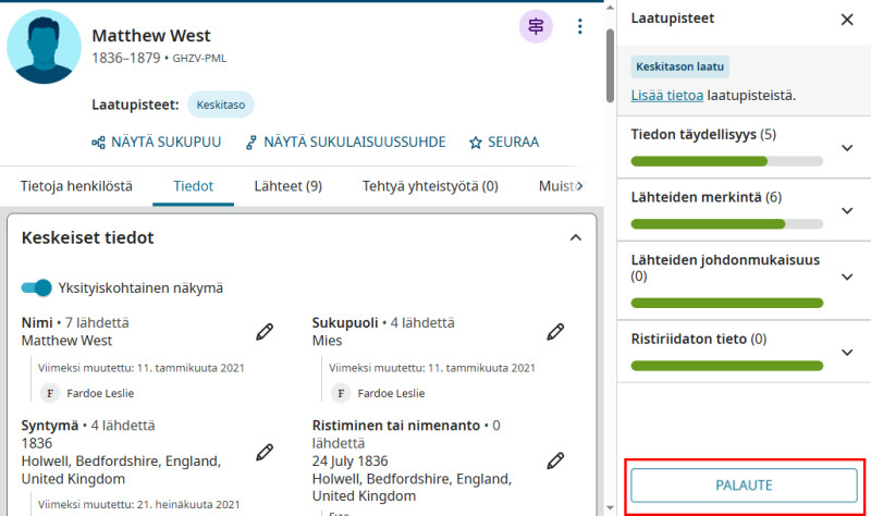 Näyttökuva familysearch.org-sivuston henkilösivusta, jossa näytetään, että tiedon laatupisteistä voi antaa palautetta.