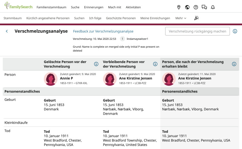 Screenshot der Ansicht „Verschmelzungsanalyse“ auf FamilySearch.org