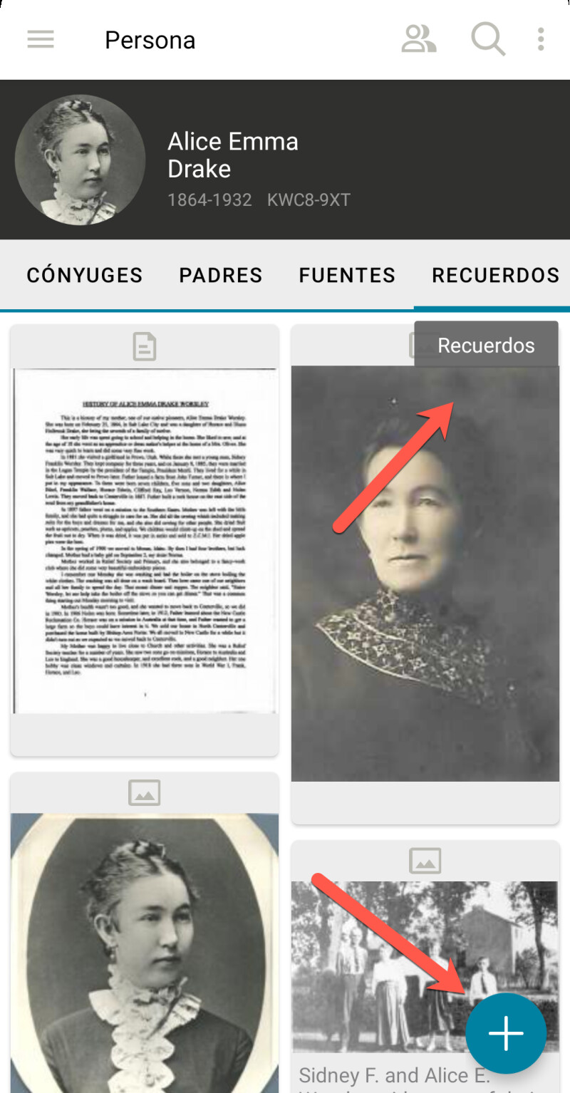 Captura de pantalla, de la aplicación móvil FamilySearch, que muestra cómo agregar una foto.
