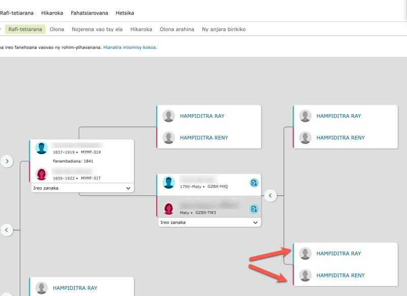 Efijery maneho ny bokotra Hanampy ray sy Hanampy reny ao amin’ny FamilySearch.