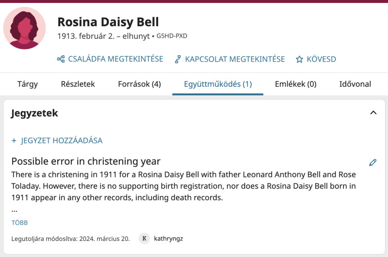 A FamilySearch egyik profiljához tartozó együttműködési oldal képernyőképe A keresztelési év lehetséges hibájára vonatkozó megjegyzés