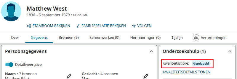 Screenshot van een profielpagina in FamilySearch met de gegevenskwaliteitsscore