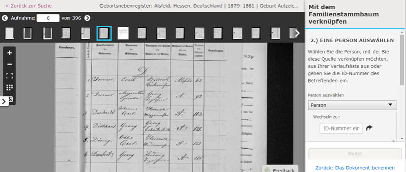 Ein Screenshot, auf dem zu sehen ist, wie man einem Vorfahren Informationen hinzufügt