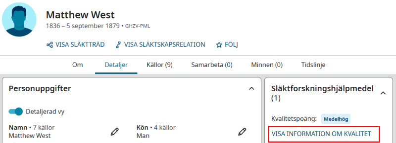 en skärmdump från FamilySearch som visar hur man använder datakvalitetspoäng