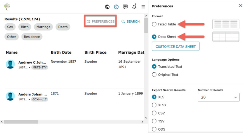 Screenshot of search preferences tab showing how to choose between Fixed Table and Data Sheets view options.