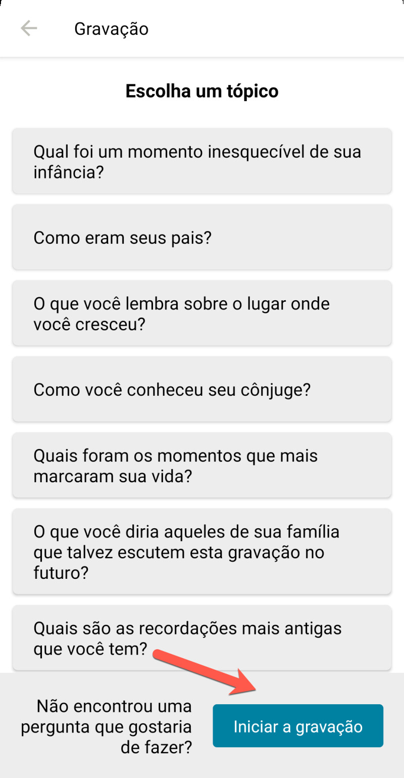 Captura de tela do aplicativo Recordações do FamilySearch mostrando como adicionar um áudio.