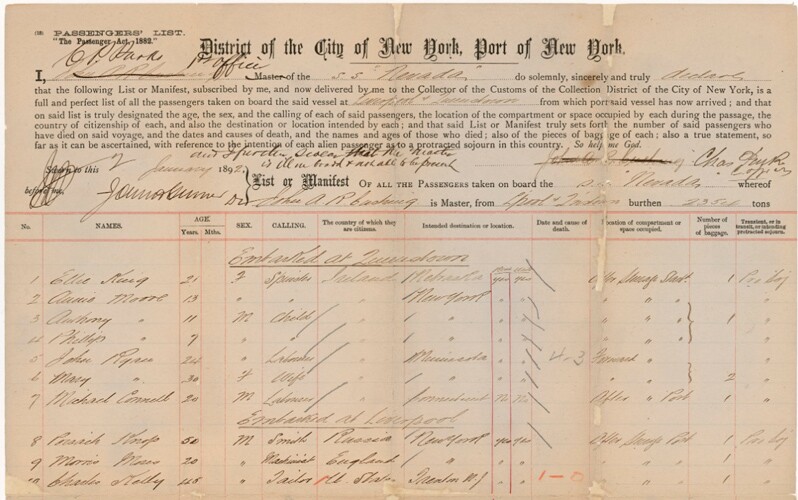 Early New York passenger list