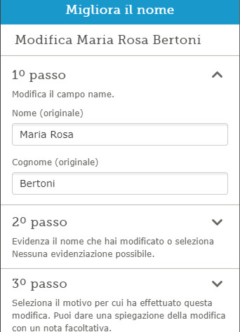Screenshot della casella Aggiorna il Nome su FamilySearch.