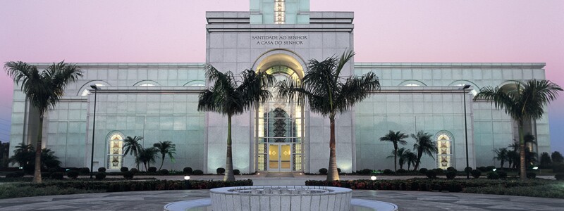 A wide photo of the Campinas, Brazil temple, built by The Church of Jesus Christ of Latter-day Saints.