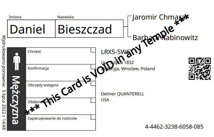 Przykład nowej karty imiennej członka rodziny z kodem QR.