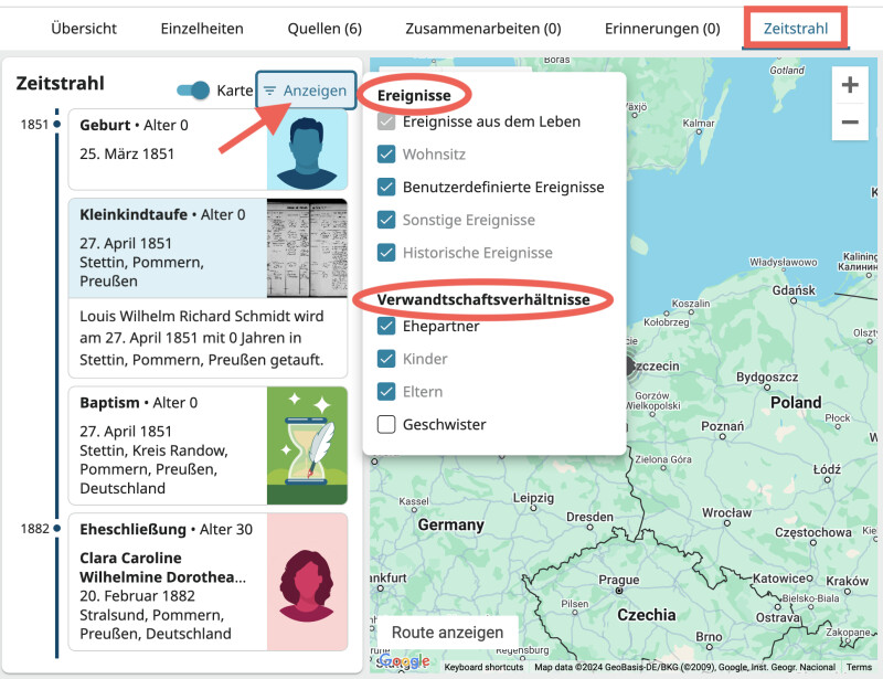 Ein Screenshot der Registerkarte „Zeitstrahl“ auf der Personenseite von Louis Wilhelm Richard Schmidt.