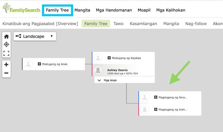 I-screenshoot kon unsaon pagdugang og mga henerasyon diha sa Family Tree sa FamilySearch.