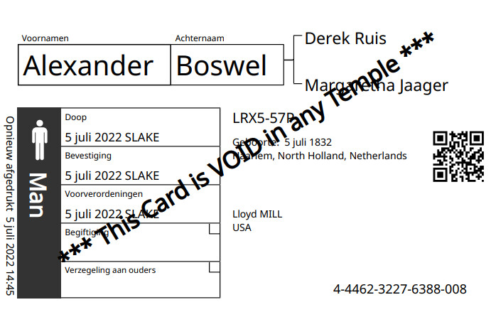 Een voorbeeld van een nieuw familienaamkaartje met QR-code.