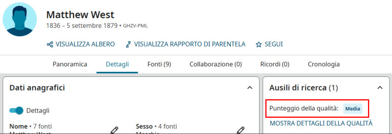 Una schermata di una pagina del profilo in FamilySearch che mostra il punteggio della qualità dei dati