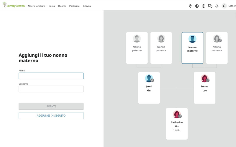 Schermo del computer che mostra l'esperienza Albero guidato di FamilySearch.