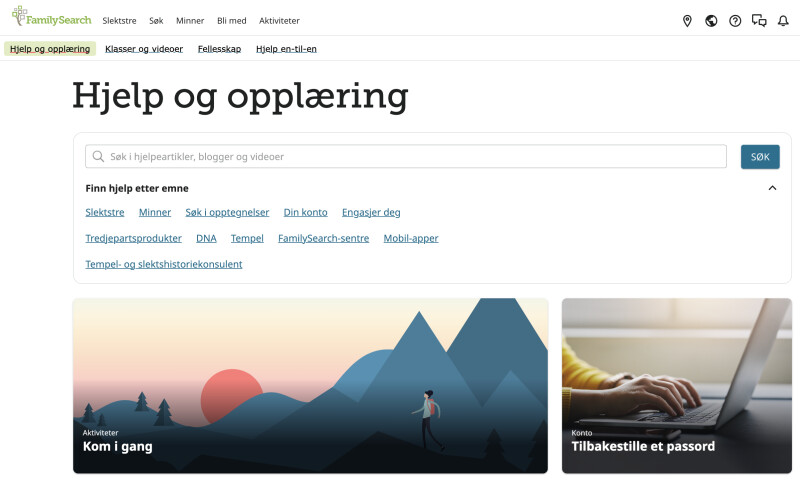 Skjermbilde av hjelpe- og læringssenteret på FamilySearch.org