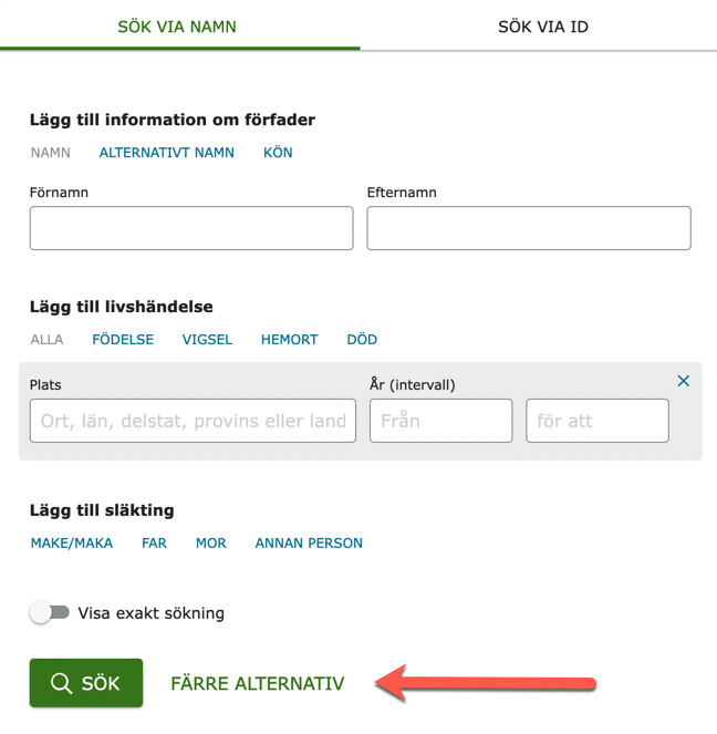 Den fullständiga sökrutan i FamilySearch Sök i Släktträdet.