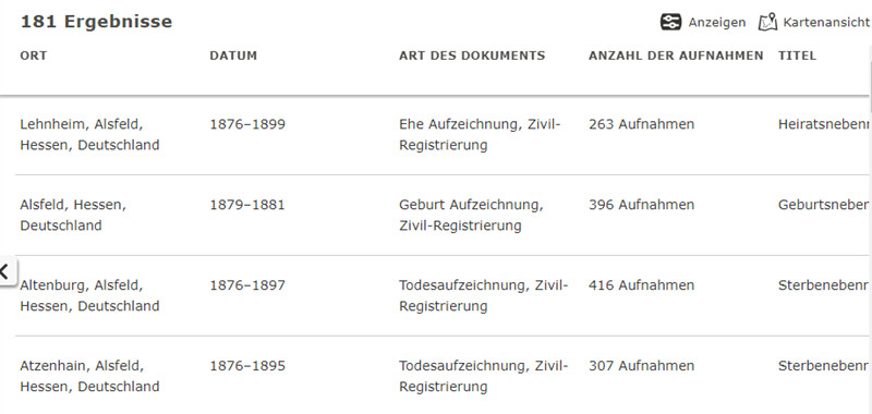 Ein Screenshot von der Seite, mit den Suchergebnissen
