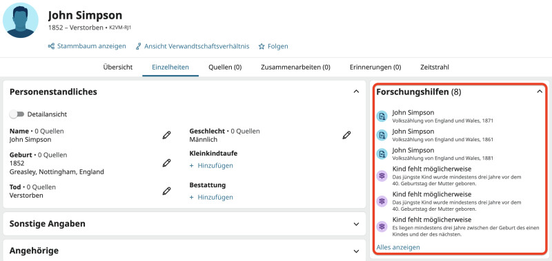 Screenshot von John Simpsons Profilseite bei FamilySearch mit fünf Forschungshilfen
