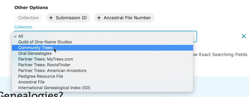 Where to access community trees in the genealogies section of familysearch.