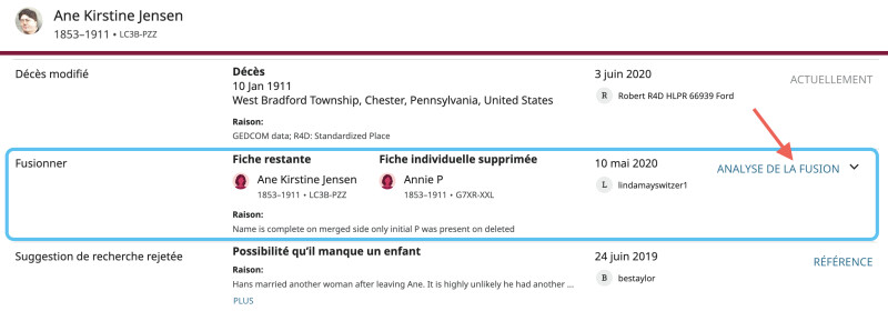 Copie d’écran du bouton d’analyse de la fusion sur FamilySearch.org qui affiche la liste des dernières modifications.