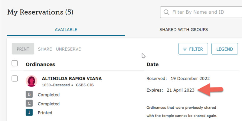 Screenshot of the expiration date for a temple ordinance reservation on FamilySearch.org.