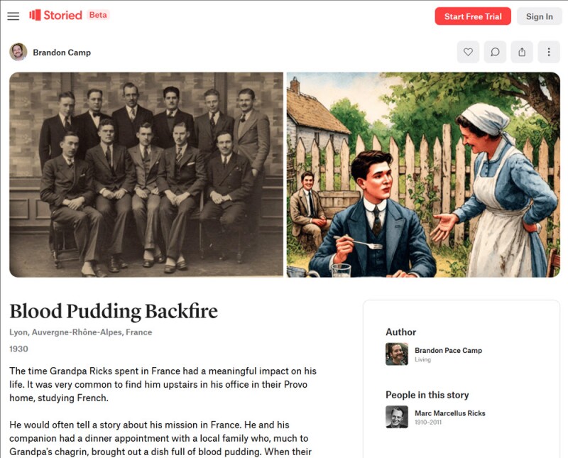 Screenshot of a Storied family story, showing an old photo and illustration of an ancestor the story is about.
