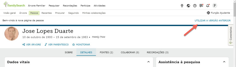 Captura de tela dos botões de alternar e comentários da nova página pessoa.