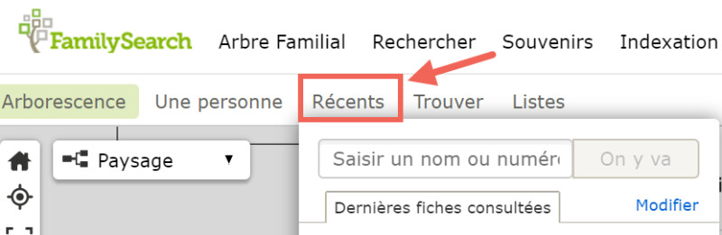 Copie d’écran de la fonction « Récents » dans l’arbre généalogique.