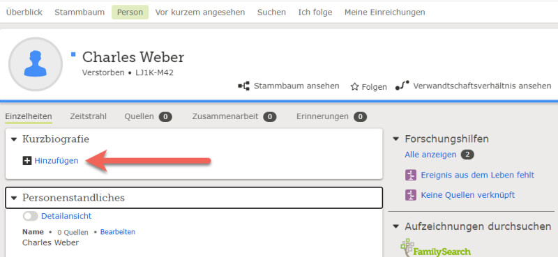 Ein Screenshot einer Kurzbiografie auf FamilySearch.org