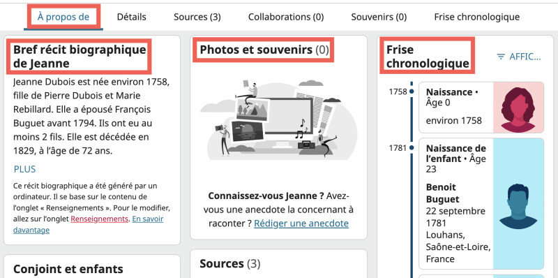 Copie d’écran de la page personnelle de Jeanne Dubois sous l’onglet « À propos de ».