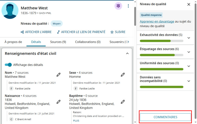 Capture d'écran d'une page personnelle sur FamilySearch.org montrant que vous pouvez donner votre avis sur le score de qualité des données