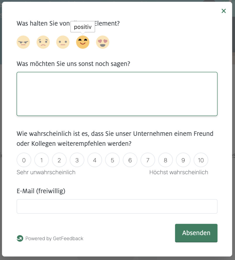 Feedback-Formular auf der Seite „FamilySearch-Labore“ mit Emojis und Textfeld