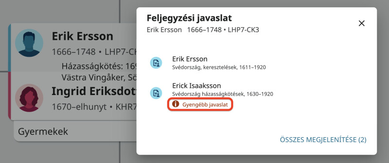Felugró ablak két feljegyzési javaslattal a Családfán. Az egyik alatt megjelenik a gyengébb javaslat elnevezésű felirat pirossal