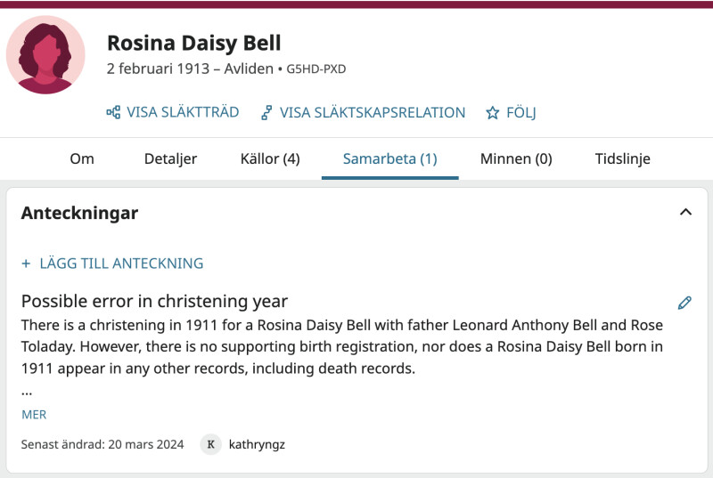 Skärmbild av samarbetssidan för en profil på FamilySearch. En anteckning tar upp ett möjligt fel i dopåret.