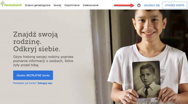 Strona startowa FamilySearch ze wskazaniem, gdzie znajduje się centrum pomocy.