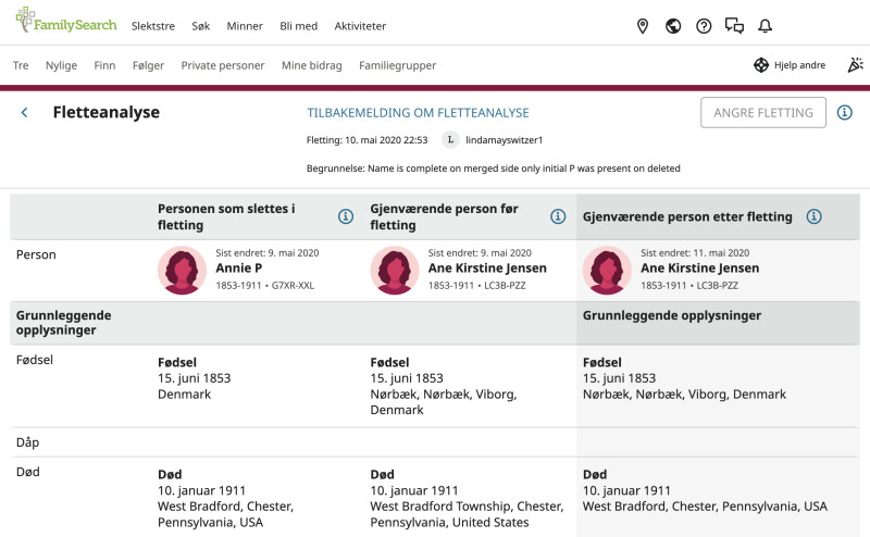 Skjermbilde av visning av flettingsanalyse på FamilySearch.org.