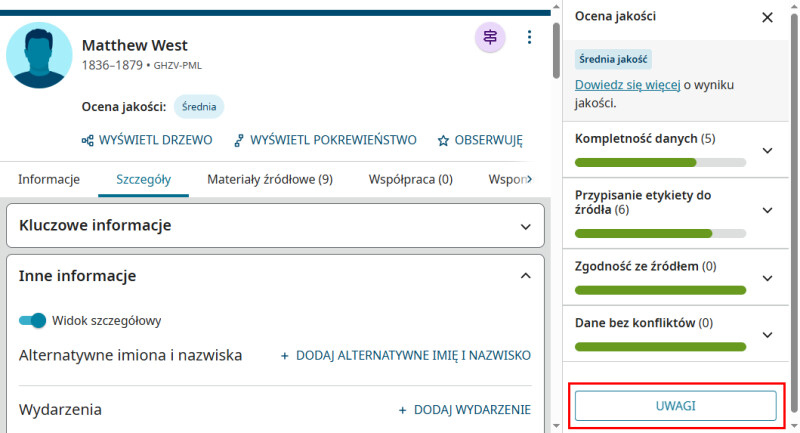 Zrzut ekranu strony profilu osoby na FamilySearch.org pokazujący, że możesz przekazać uwagi na temat oceny jakości danych