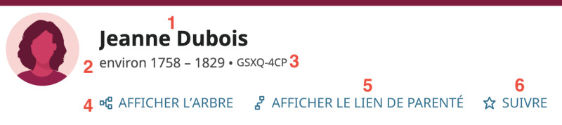 Copie d’écran du bandeau nominatif de la page personnelle de Jeanne Dubois.