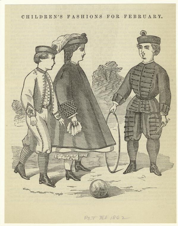 Three children from the 1860s playing with a hoop.