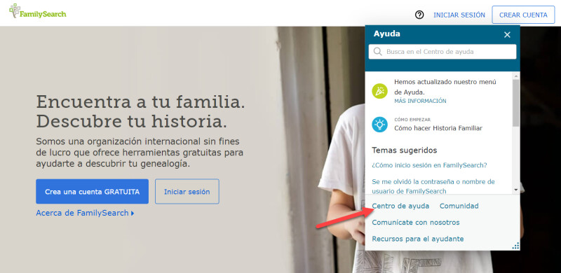 El centro de ayuda en FamilySearch.org.