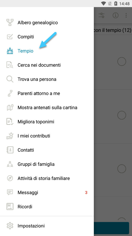 Screenshot of how to get to the temple menu on the Family Tree App in Italian.