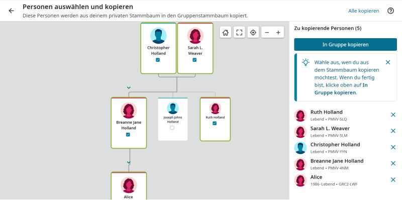 Screenshot eines Benutzers, der Angaben zu lebenden Personen aus dem weltweiten Familienstammbaum in den Stammbaum einer Familiengruppe überträgt