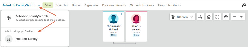 Captura de pantalla de la navegación en el Árbol Genealógico mundial y en un Árbol de Grupo Familiar de FamilySearch.org.