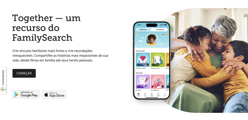 Captura de tela da página de download do aplicativo Together no site do FamilySearch