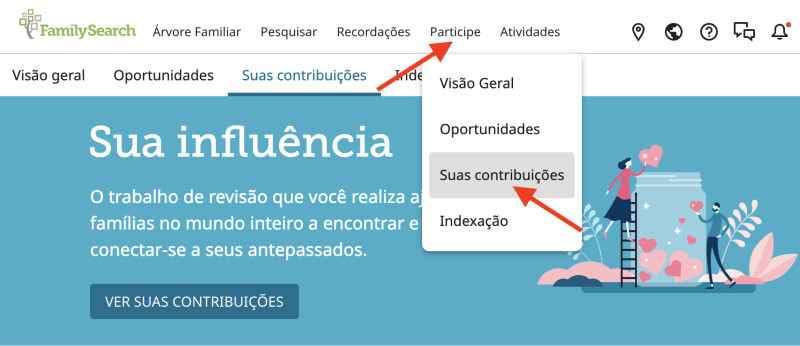 (Captura de tela mostrando como acessar a nova página Seu Impacto usando a navegação principal FamilySearch.org.)
