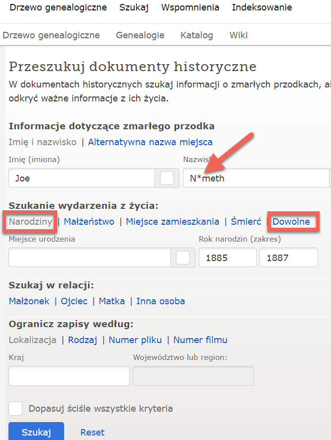 Zrzut ekranu strony wyszukiwania na FamilySearch.