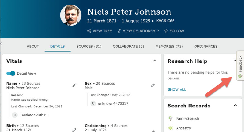 Screenshot showing Feedback button on FamilySearch.org